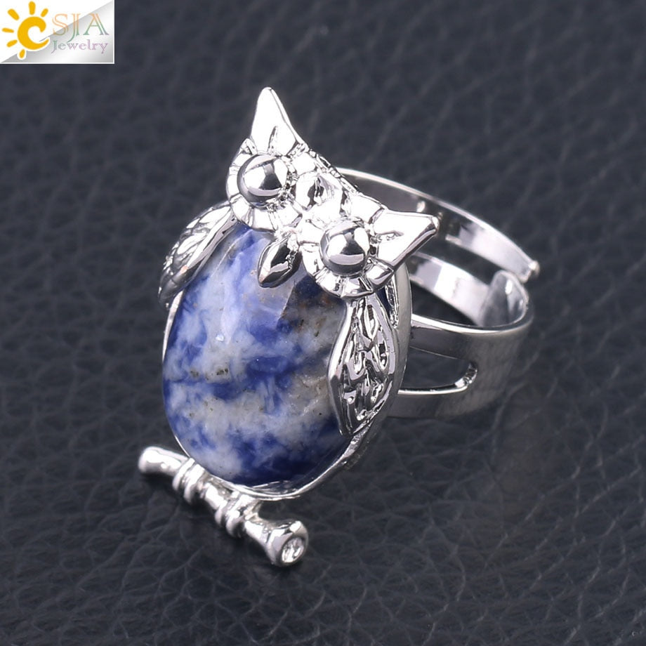 Peris Gems Sodalite Cabochon Bead Owl Rings | Silver Diamond Owl Rings Adjustable SHEIN Amazon Temu