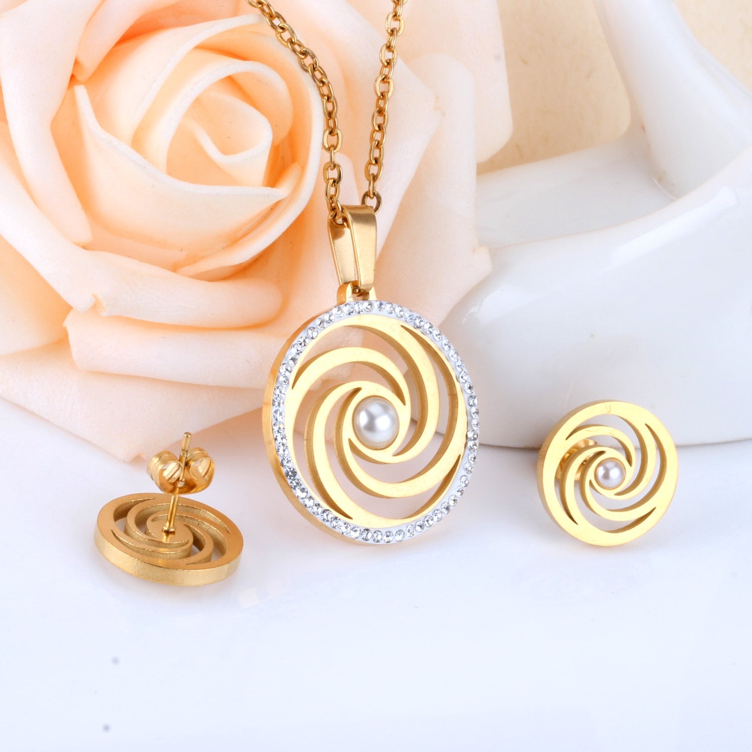 Peris Gems Spiral Gold Necklace and Earrings Set for Women | Diamond Jewelry Set Spiral Gold Necklace and Earrings Set for Women Diamond Set SHEIN Amazon Temu