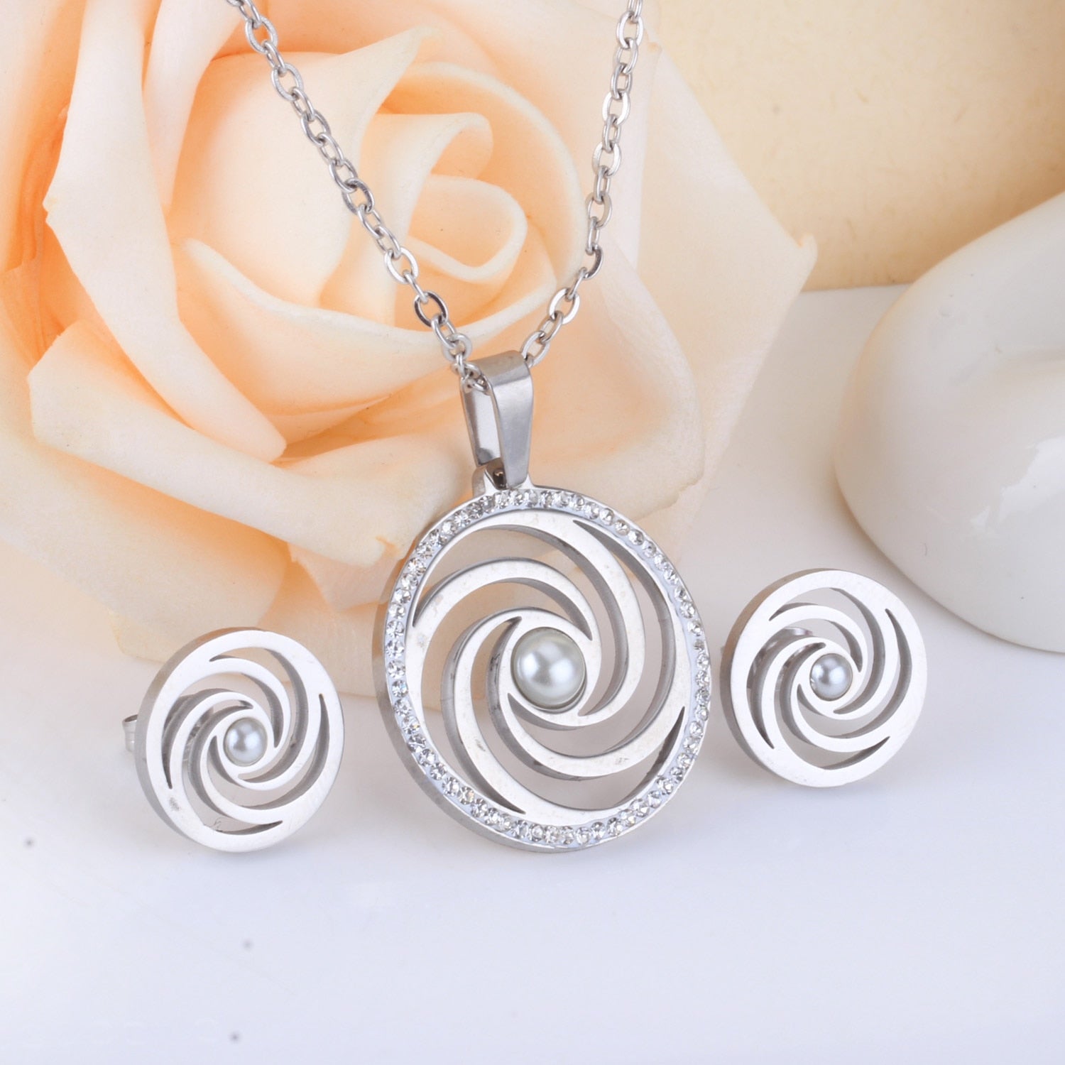 Peris Gems Spiral Gold Necklace and Earrings Set for Women | Diamond Jewelry Set Spiral Gold Necklace and Earrings Set for Women Diamond Set SHEIN Amazon Temu