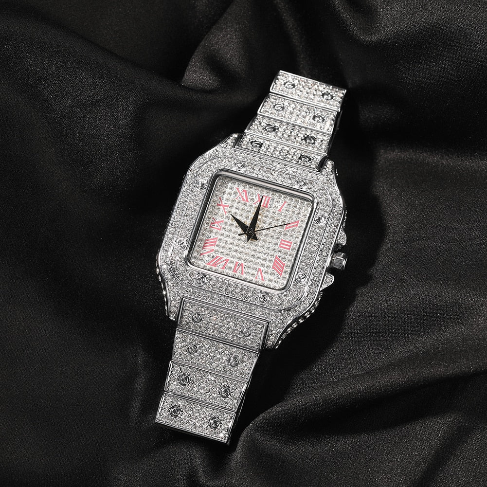 Peris Gems Square Diamond Drill Watch Unisex | Hip Hop Fully Iced Out Stainless Steel Square Diamond Drill Watch Unisex | Hip Hop Fully Iced SHEIN Amazon Temu
