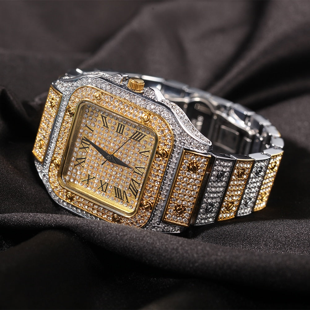 Peris Gems Square Diamond Drill Watch Unisex | Hip Hop Fully Iced Out Stainless Steel Square Diamond Drill Watch Unisex | Hip Hop Fully Iced SHEIN Amazon Temu