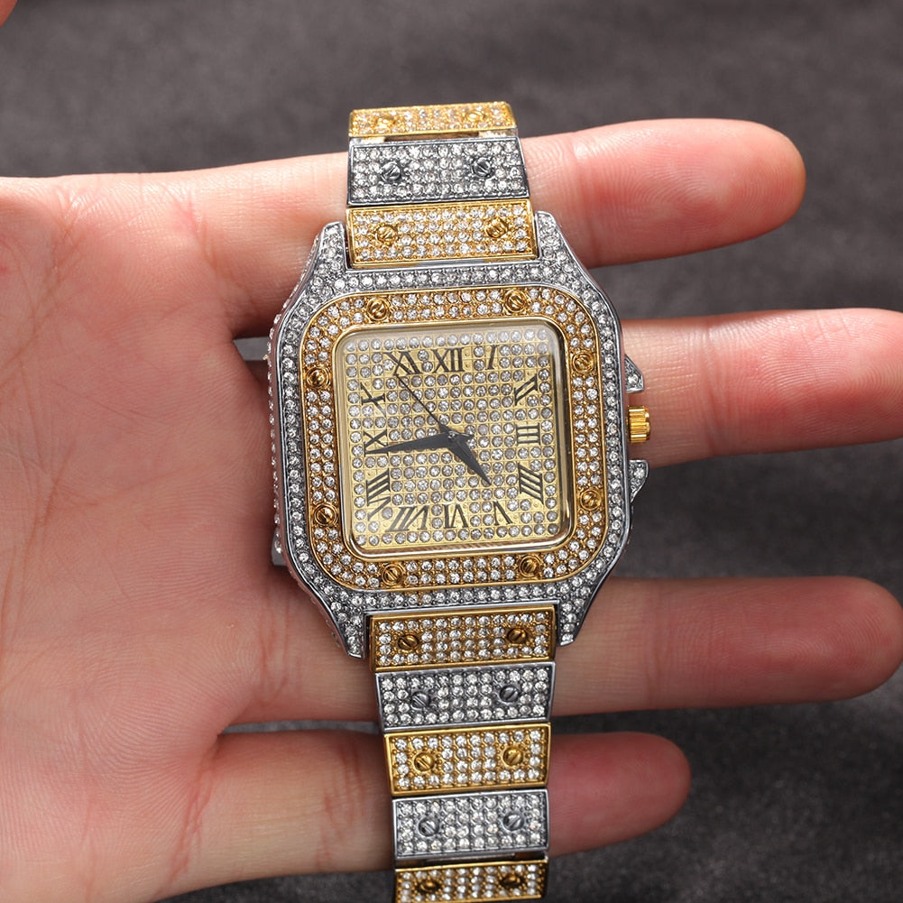 Peris Gems Square Diamond Drill Watch Unisex | Hip Hop Fully Iced Out Stainless Steel Square Diamond Drill Watch Unisex | Hip Hop Fully Iced SHEIN Amazon Temu