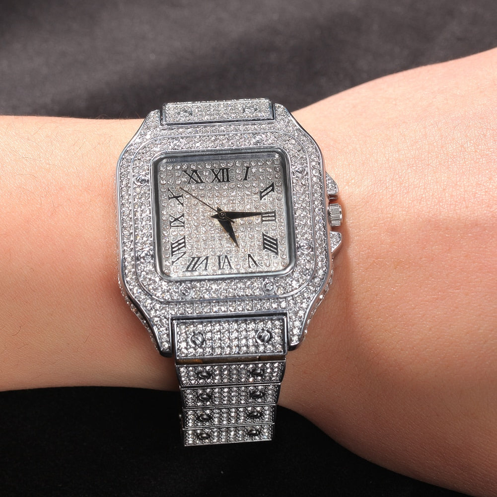 Peris Gems Square Diamond Drill Watch Unisex | Hip Hop Fully Iced Out Stainless Steel Square Diamond Drill Watch Unisex | Hip Hop Fully Iced SHEIN Amazon Temu