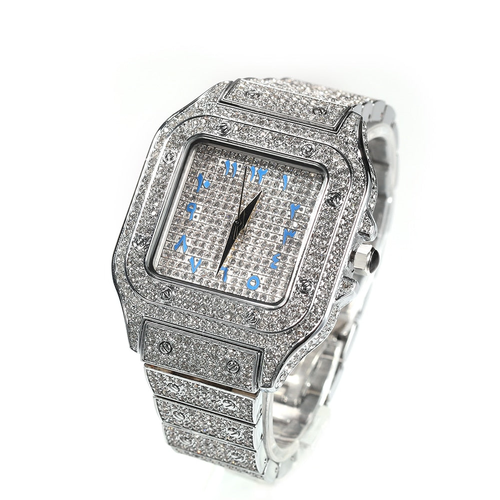 Peris Gems Square Diamond Drill Watch Unisex | Hip Hop Fully Iced Out Stainless Steel Square Diamond Drill Watch Unisex | Hip Hop Fully Iced SHEIN Amazon Temu