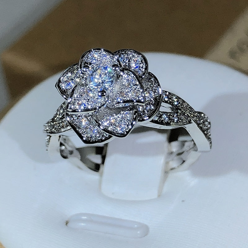 Peris Gems Sterling Silver Intertwined Rose Ring for Women | White Zircon Full Diamond Flower Ring SHEIN Amazon Temu