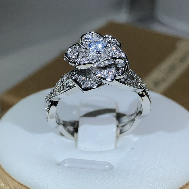 Peris Gems Sterling Silver Intertwined Rose Ring for Women | White Zircon Full Diamond Flower Ring SHEIN Amazon Temu