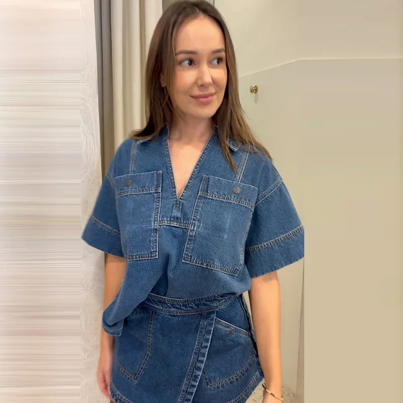 Peris Gems tops / M V-neck Denim T-shirt Short Skirt Sets Women Casual Loose Short Sleeve Pockets Tops Suit With Mini Skirt Lady Summer Chic Outfits V-neck Denim T-shirt Short Skirt Sets Women Casual Loose Short Sleeve Pockets Tops Suit With Mini Skirt Lady Summer Chic Outfits SHEIN Amazon Temu