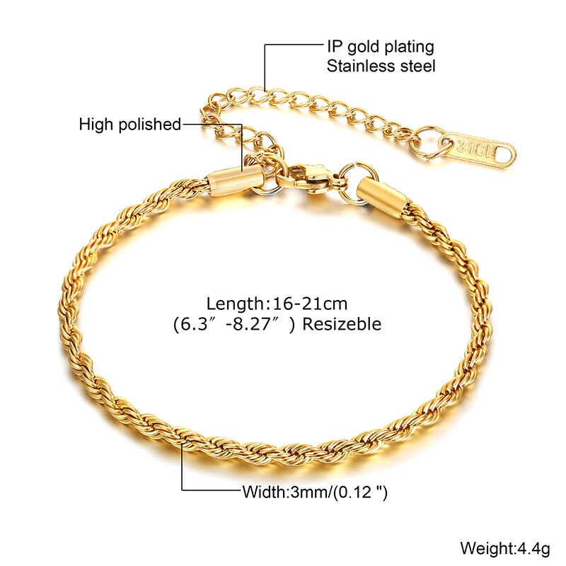 Peris Gems Twist Rope Chain Bracelet for Men | Thin Gold Link Bracelet SHEIN Amazon Temu