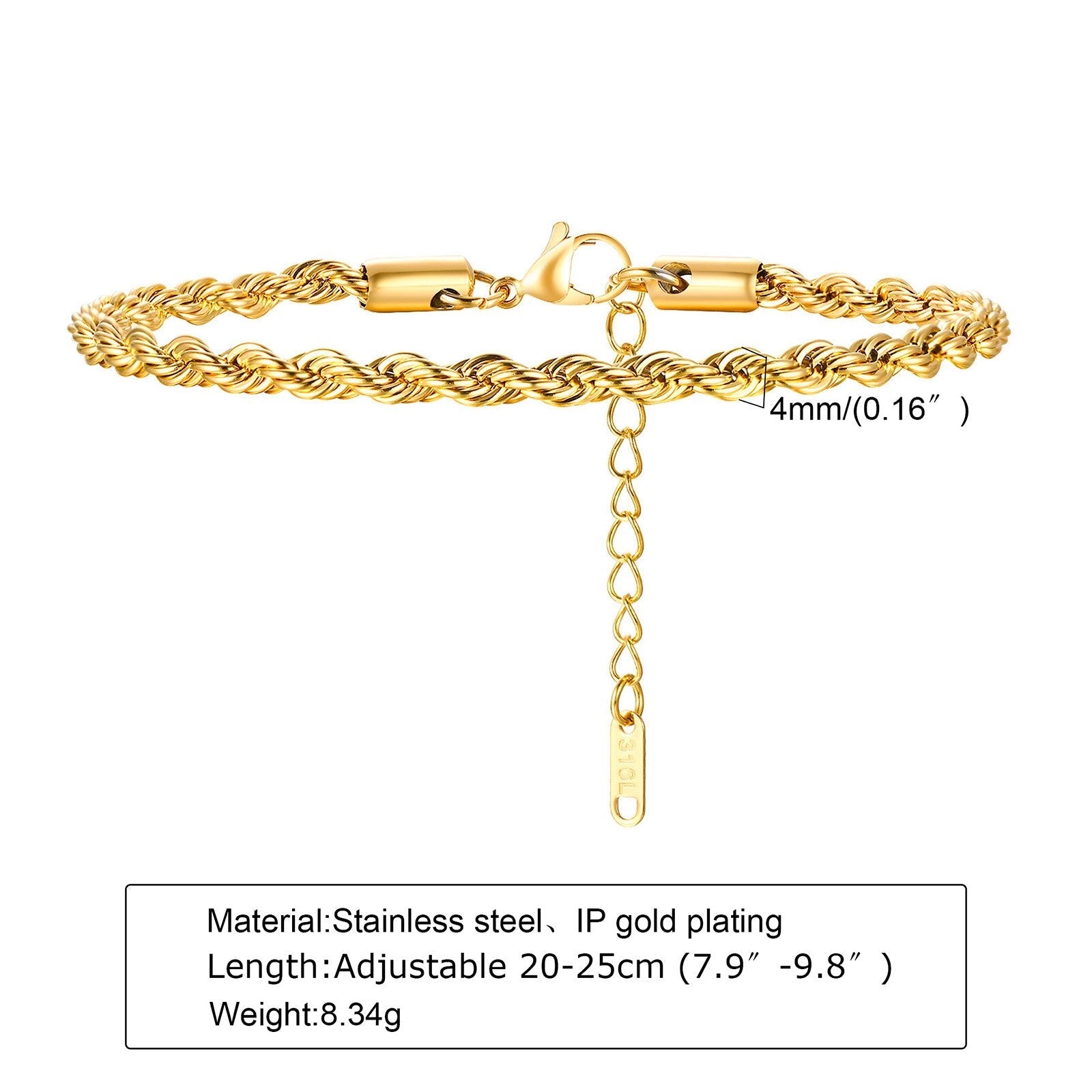 Peris Gems Twist Rope Chain Bracelet for Men | Thin Gold Link Bracelet SHEIN Amazon Temu