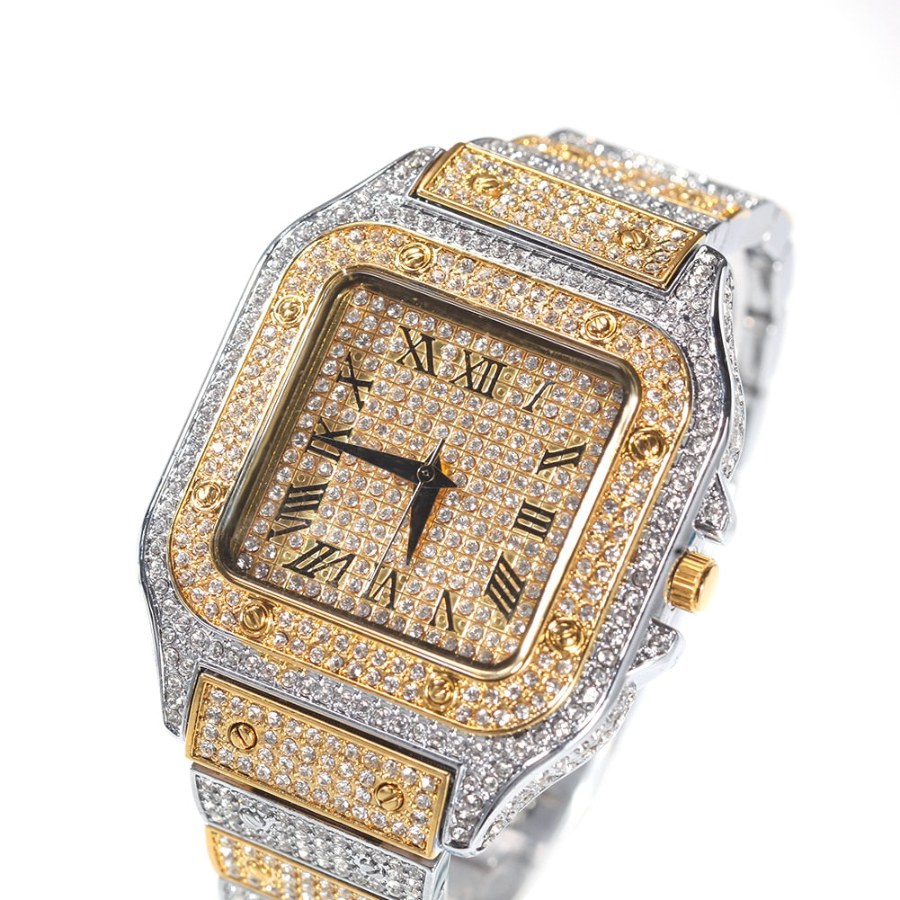 Peris Gems Two Tone Square Diamond Drill Watch Unisex | Hip Hop Fully Iced Out Stainless Steel Square Diamond Drill Watch Unisex | Hip Hop Fully Iced SHEIN Amazon Temu