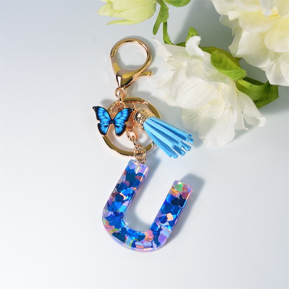 Peris Gems U Blue Acrylic Letter and Butterfly Keychain | Initial Keychains Blue Acrylic Letter and Butterfly Keychain Initial Keychains SHEIN Amazon Temu