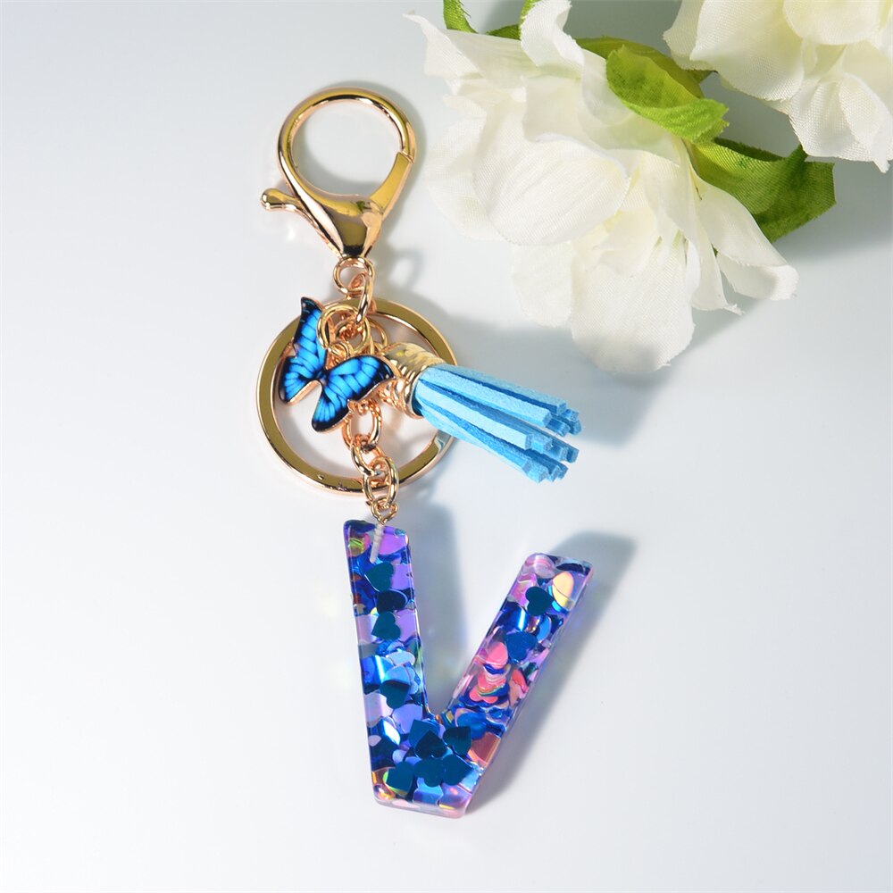 Peris Gems V Blue Acrylic Letter and Butterfly Keychain | Initial Keychains Blue Acrylic Letter and Butterfly Keychain Initial Keychains SHEIN Amazon Temu