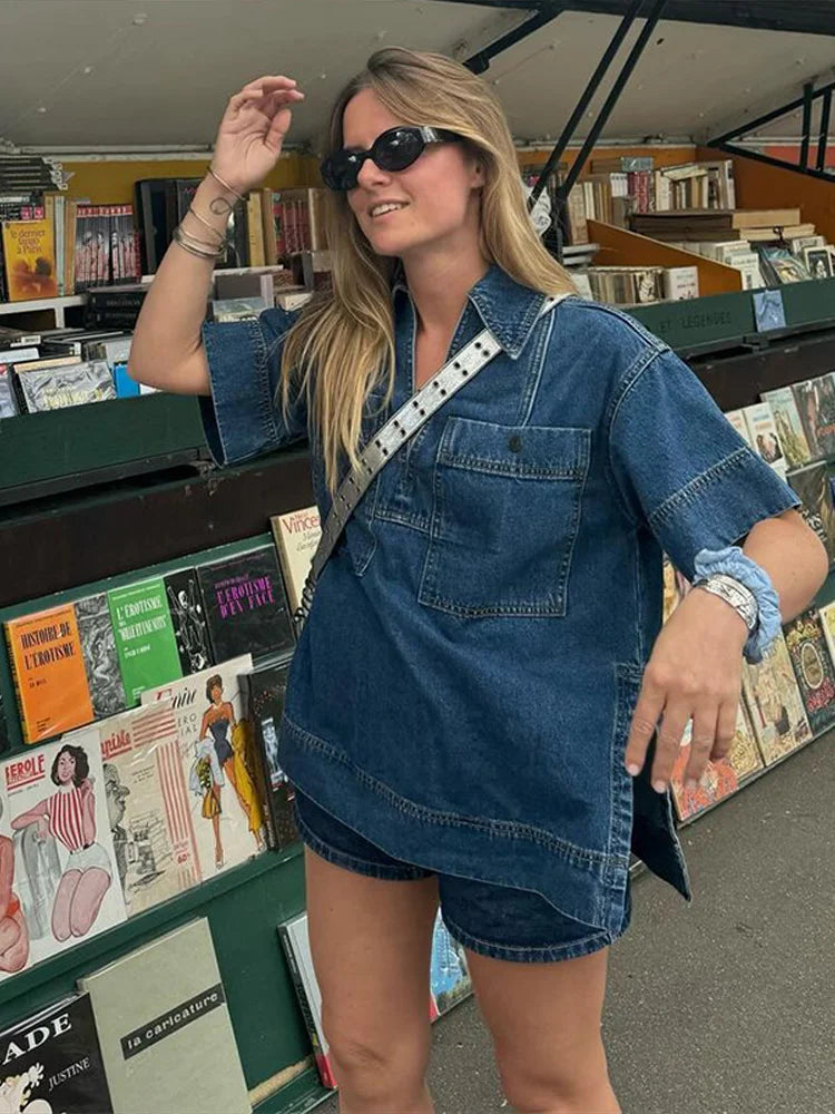 Peris Gems V-neck Denim T-shirt Short Skirt Sets Women Casual Loose Short Sleeve Pockets Tops Suit With Mini Skirt Lady Summer Chic Outfits V-neck Denim T-shirt Short Skirt Sets Women Casual Loose Short Sleeve Pockets Tops Suit With Mini Skirt Lady Summer Chic Outfits SHEIN Amazon Temu