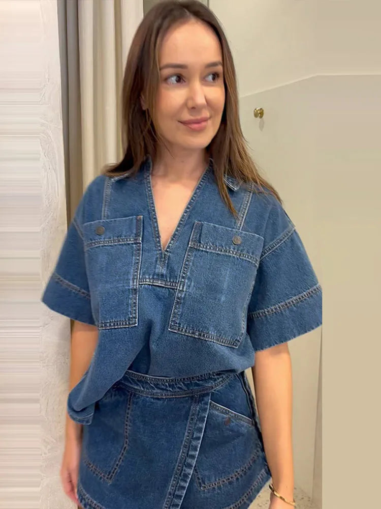 Peris Gems V-neck Denim T-shirt Short Skirt Sets Women Casual Loose Short Sleeve Pockets Tops Suit With Mini Skirt Lady Summer Chic Outfits V-neck Denim T-shirt Short Skirt Sets Women Casual Loose Short Sleeve Pockets Tops Suit With Mini Skirt Lady Summer Chic Outfits SHEIN Amazon Temu