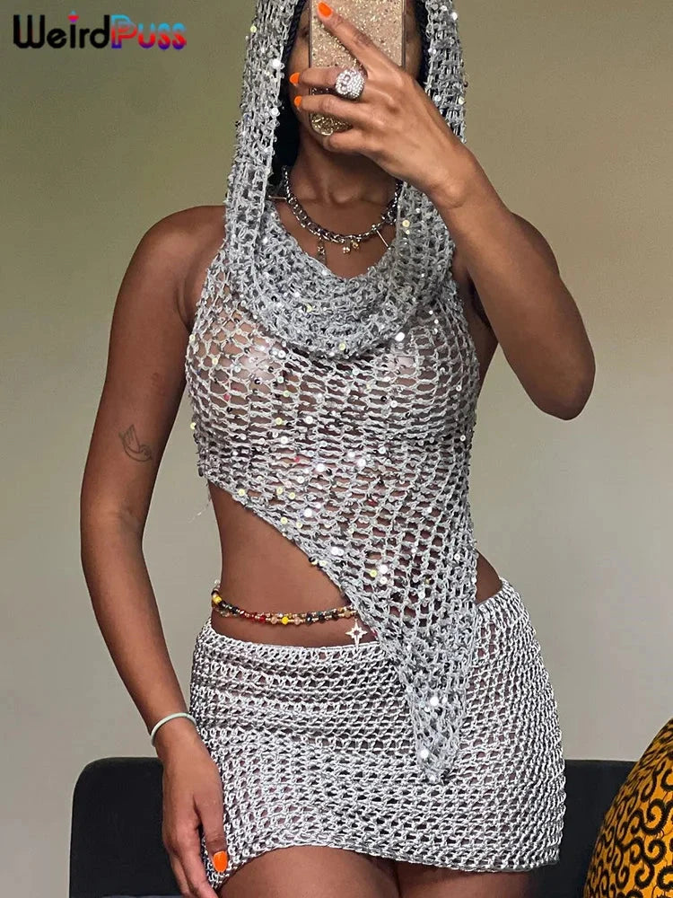 Peris Gems Weird Puss Sequins Women 2piece Set Sexy See Through Irregular Backless Hooded Tank Tops+Peach Hip Skirts Midnight Clubwear Suit Weird Puss Sequins Women 2piece Set Sexy See Through Irregular Backless Hooded Tank Tops+Peach Hip Skirts Midnight Clubwear Suit SHEIN Amazon Temu