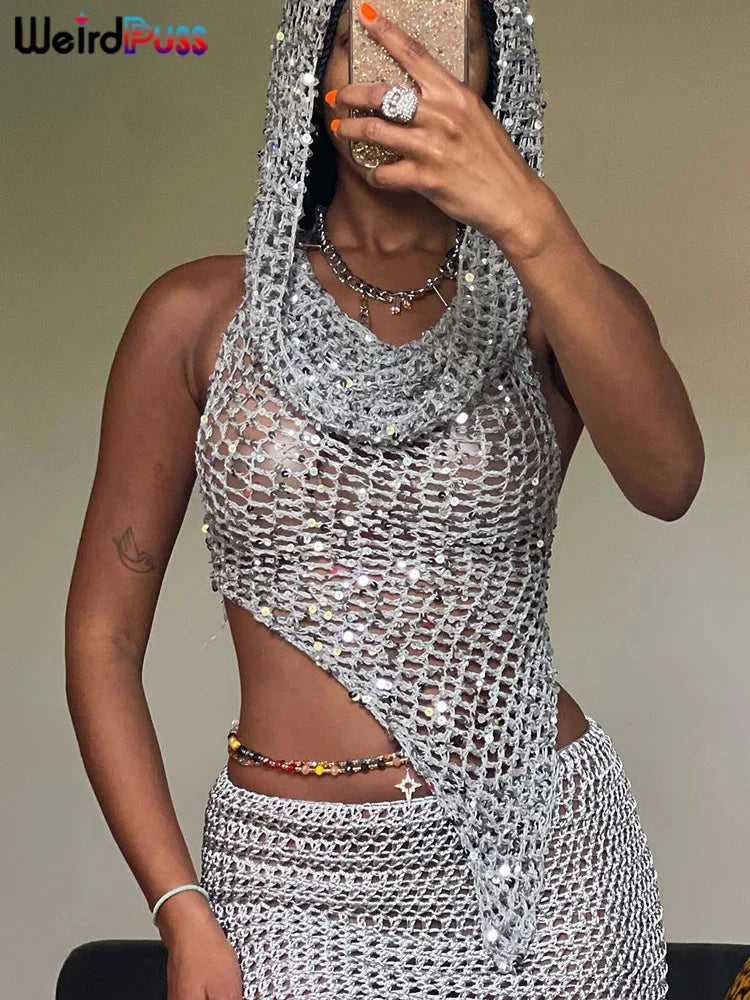 Peris Gems Weird Puss Sequins Women 2piece Set Sexy See Through Irregular Backless Hooded Tank Tops+Peach Hip Skirts Midnight Clubwear Suit Weird Puss Sequins Women 2piece Set Sexy See Through Irregular Backless Hooded Tank Tops+Peach Hip Skirts Midnight Clubwear Suit SHEIN Amazon Temu