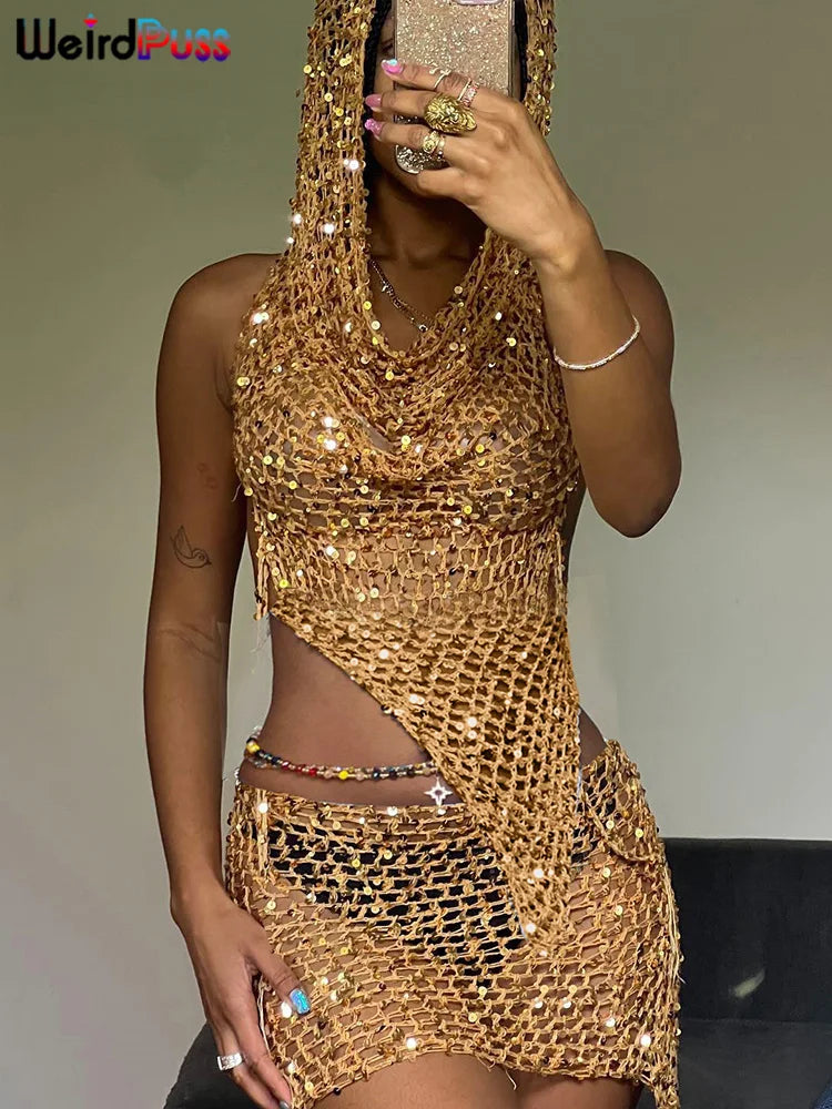 Peris Gems Weird Puss Sequins Women 2piece Set Sexy See Through Irregular Backless Hooded Tank Tops+Peach Hip Skirts Midnight Clubwear Suit Weird Puss Sequins Women 2piece Set Sexy See Through Irregular Backless Hooded Tank Tops+Peach Hip Skirts Midnight Clubwear Suit SHEIN Amazon Temu