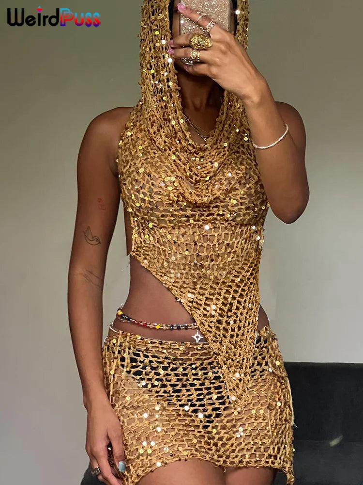 Peris Gems Weird Puss Sequins Women 2piece Set Sexy See Through Irregular Backless Hooded Tank Tops+Peach Hip Skirts Midnight Clubwear Suit Weird Puss Sequins Women 2piece Set Sexy See Through Irregular Backless Hooded Tank Tops+Peach Hip Skirts Midnight Clubwear Suit SHEIN Amazon Temu