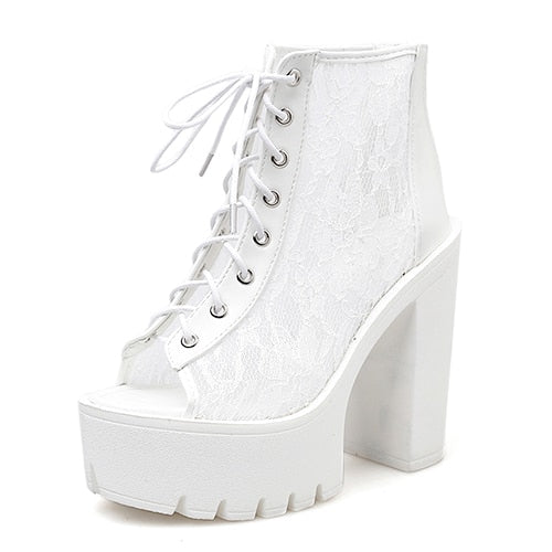 Peris Gems White / 4.5 Lace Platform Peep Toe Shoes for Women | Mesh Platform Boots SHEIN Amazon Temu