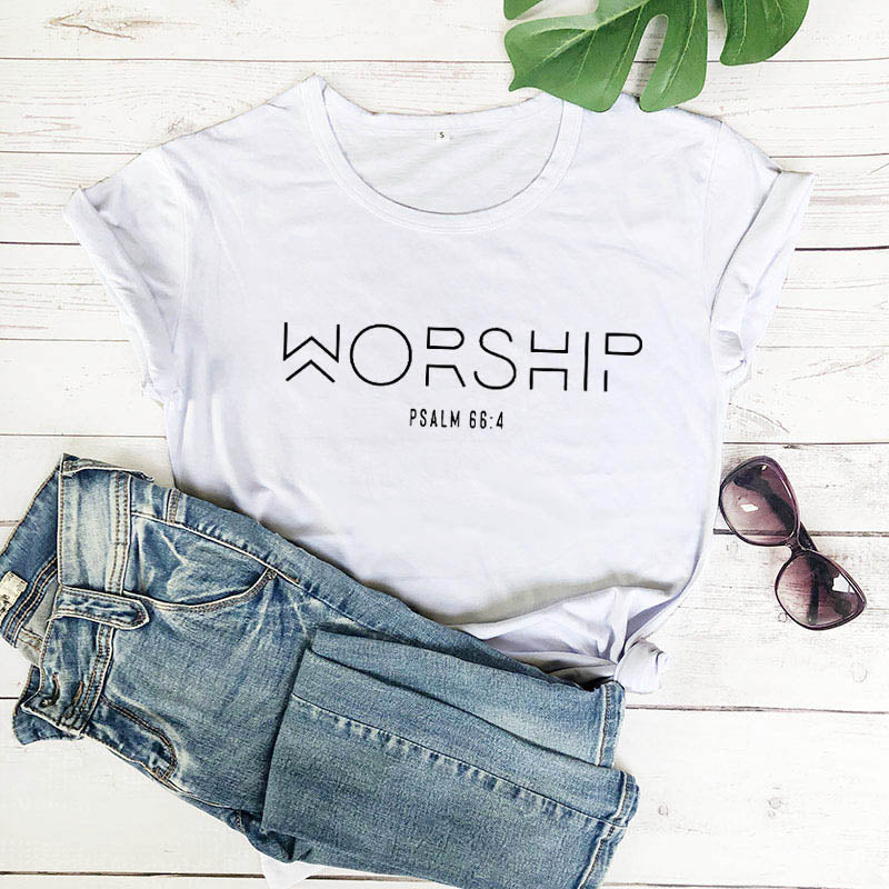 Peris Gems white-black text / S Worship Psalm Verse 66:4 T-Shirt for Women | Cotton Faith Shirts Worship Psalm Verse 66:4 T-Shirt for Women | Faith Shirts SHEIN Amazon Temu