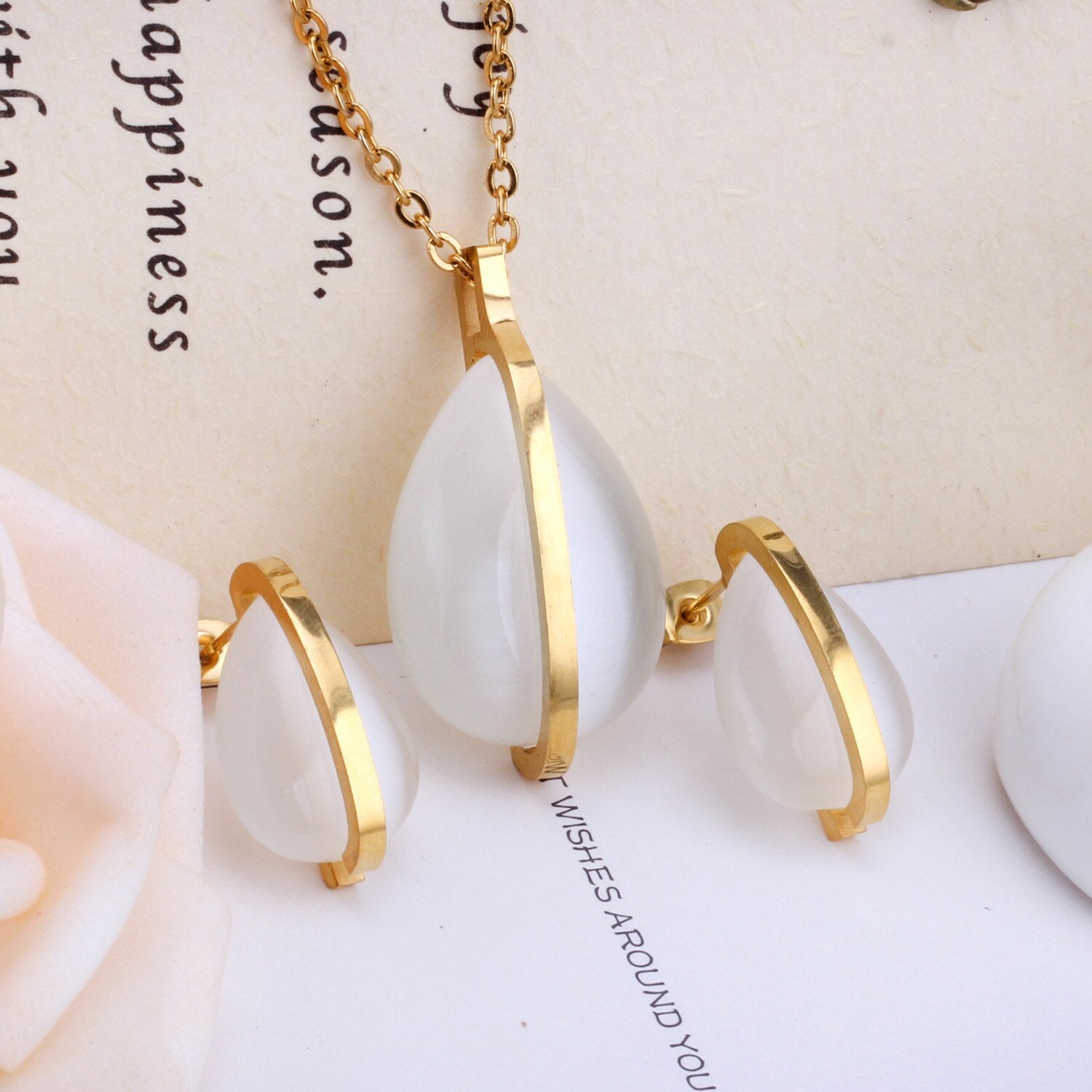 Peris Gems White Diamond Necklace and Earrings Set for Women | Gold Stainless Steel White Diamond Necklace and Earrings Set for Women SHEIN Amazon Temu