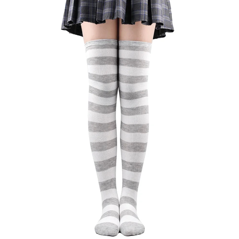 Peris Gems White light gray 18 / One Size Womens Striped Thigh High Stockings Ladies Girls Black White pink Long Over Above Knee Socks Cosplay Lolita Harajuku Y2k 2025 Womens Striped Thigh High Stockings Ladies Girls Black White pink Long Over Above Knee Socks Cosplay Lolita Harajuku Y2k 2025 SHEIN Amazon Temu