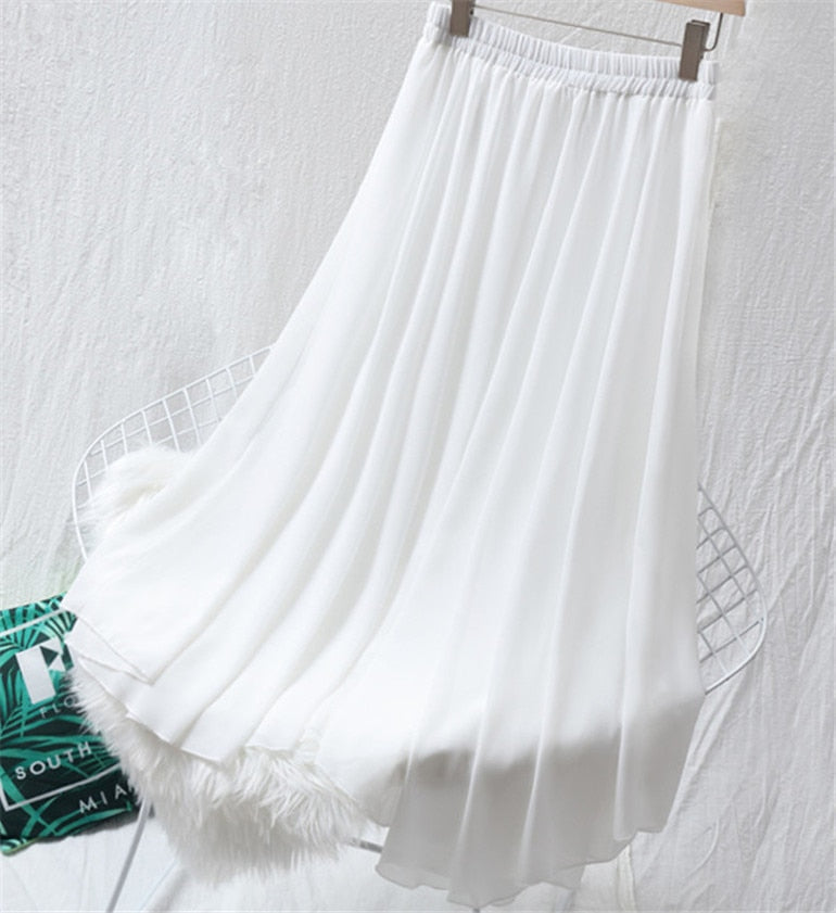 Peris Gems White / M High Waist Pleated Chiffon Skirts for Women | Mid Calf Maxi Skirts High Waist Pleated Chiffon Skirts | Women&