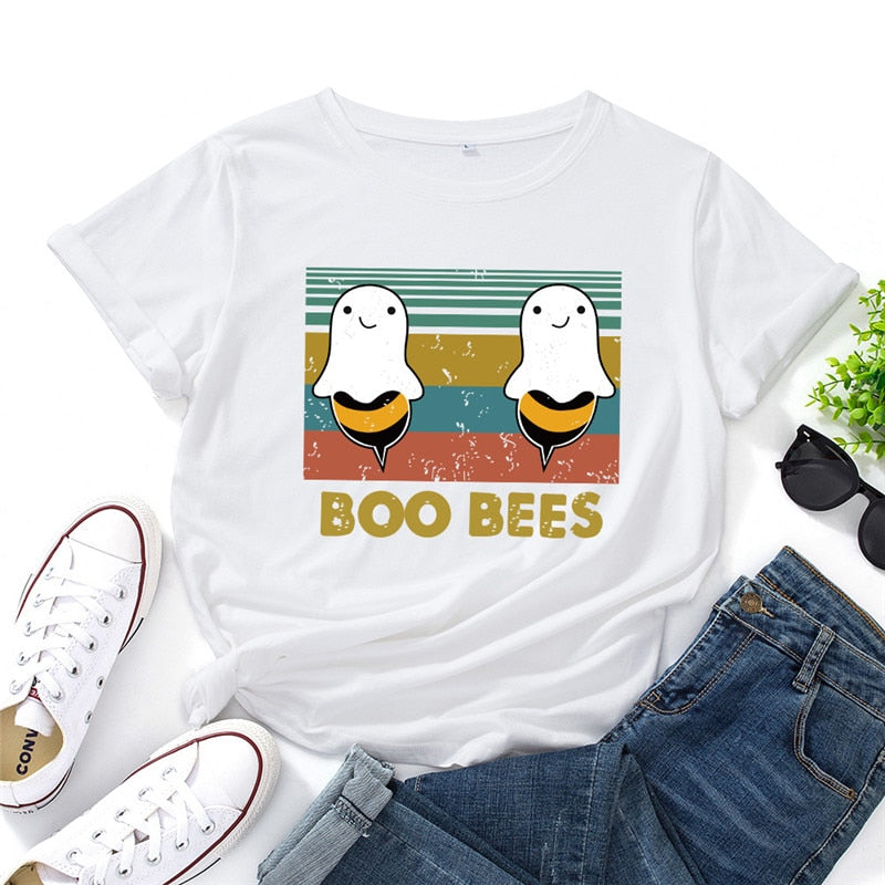 Peris Gems White / S Graphic Print BOO BEES T-Shirt for Women | Halloween Bee Short Sleeve Shirt Graphic Print BOO BEES T-Shirt for Women Halloween Bee Shirt SHEIN Amazon Temu