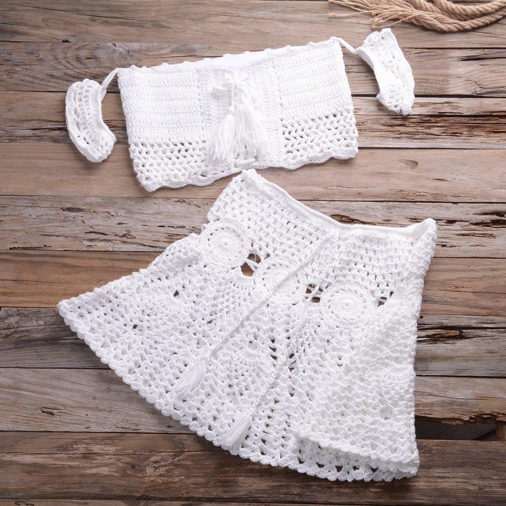 Peris Gems white / S Knitted Hollow Crop Top and Mini Skirt Sheer Set for Women | Women&