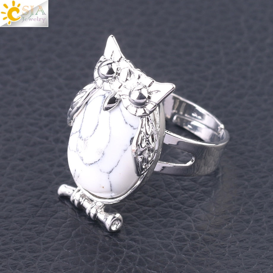 Peris Gems White Turquoise Cabochon Bead Owl Rings | Silver Diamond Owl Rings Adjustable SHEIN Amazon Temu