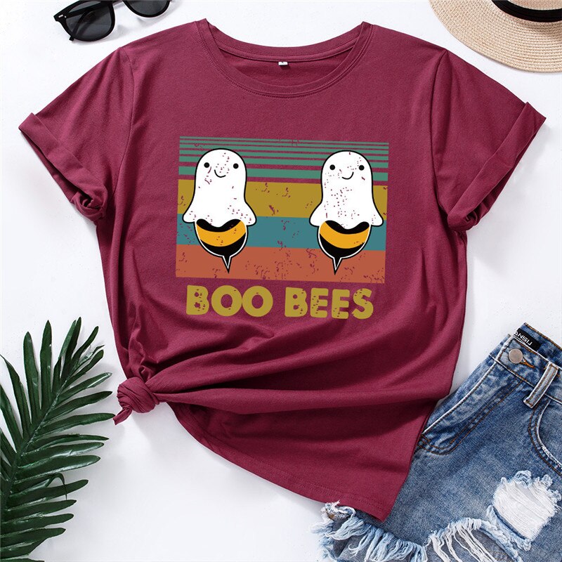 Peris Gems Wine red / M Graphic Print BOO BEES T-Shirt for Women | Halloween Bee Short Sleeve Shirt Graphic Print BOO BEES T-Shirt for Women Halloween Bee Shirt SHEIN Amazon Temu
