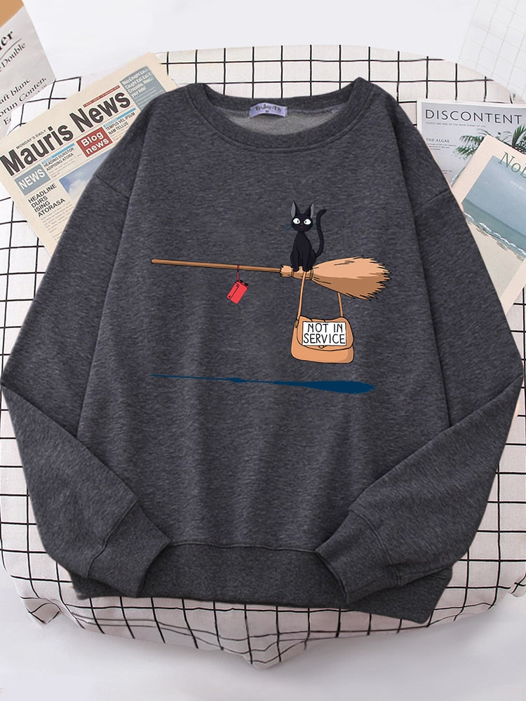 Peris Gems Witch Cat Not In Service Print Sweatshirt for Women | Casual Crewneck Loose Shirt Witch Cat Not In Service Print Sweatshirt for Women SHEIN Amazon Temu