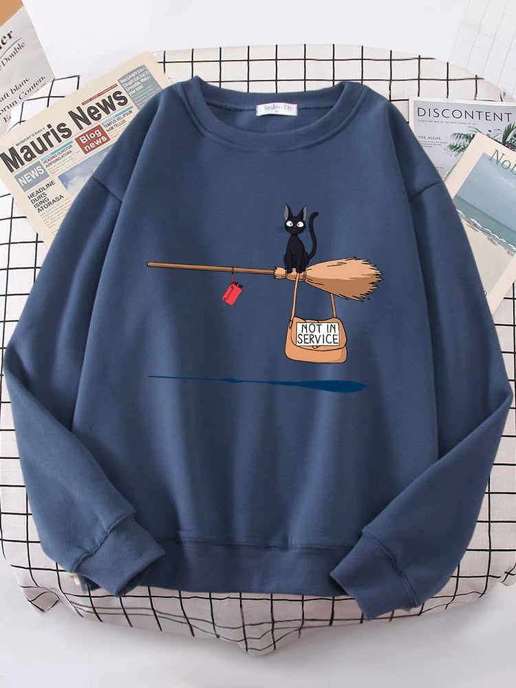 Peris Gems Witch Cat Not In Service Print Sweatshirt for Women | Casual Crewneck Loose Shirt Witch Cat Not In Service Print Sweatshirt for Women SHEIN Amazon Temu