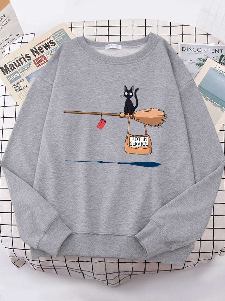 Peris Gems Witch Cat Not In Service Print Sweatshirt for Women | Casual Crewneck Loose Shirt Witch Cat Not In Service Print Sweatshirt for Women SHEIN Amazon Temu