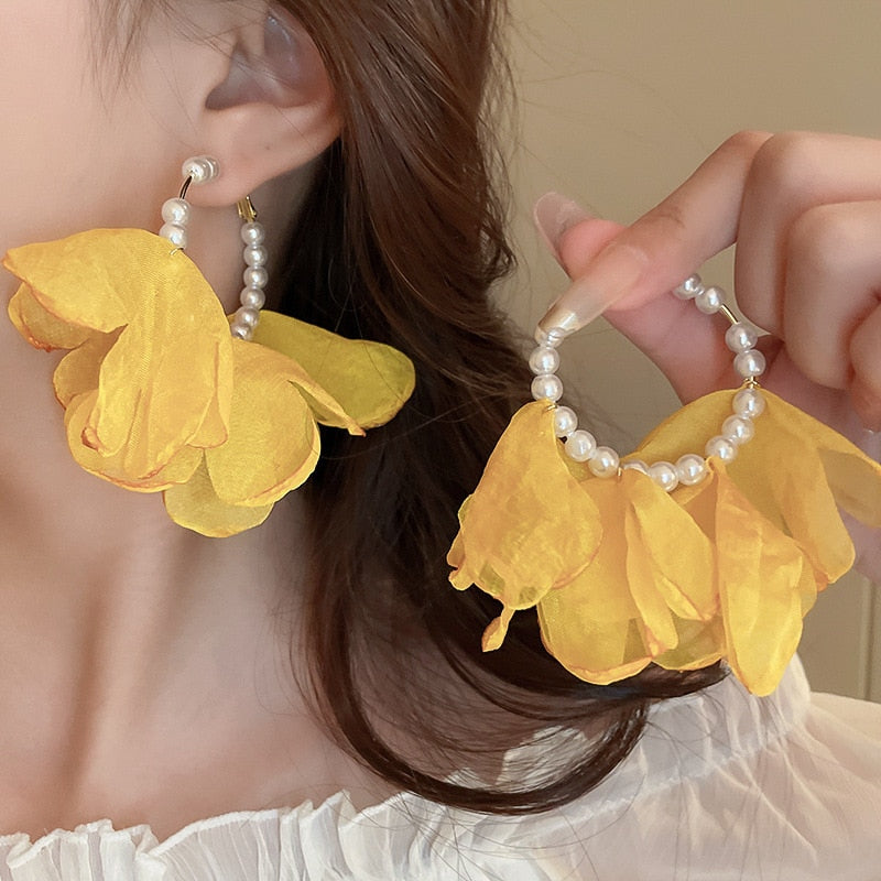 Peris Gems yellow Big Cloth Flower and Pearl Dangle Tassel Earrings for Women SHEIN Amazon Temu