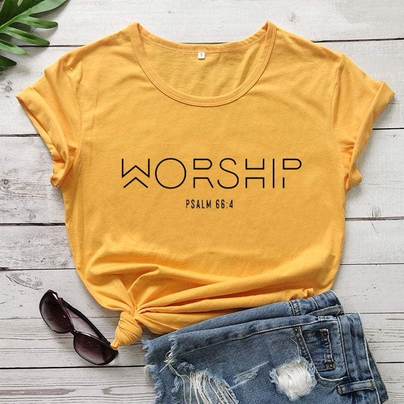 Peris Gems yellow-black text / S Worship Psalm Verse 66:4 T-Shirt for Women | Cotton Faith Shirts Worship Psalm Verse 66:4 T-Shirt for Women | Faith Shirts SHEIN Amazon Temu