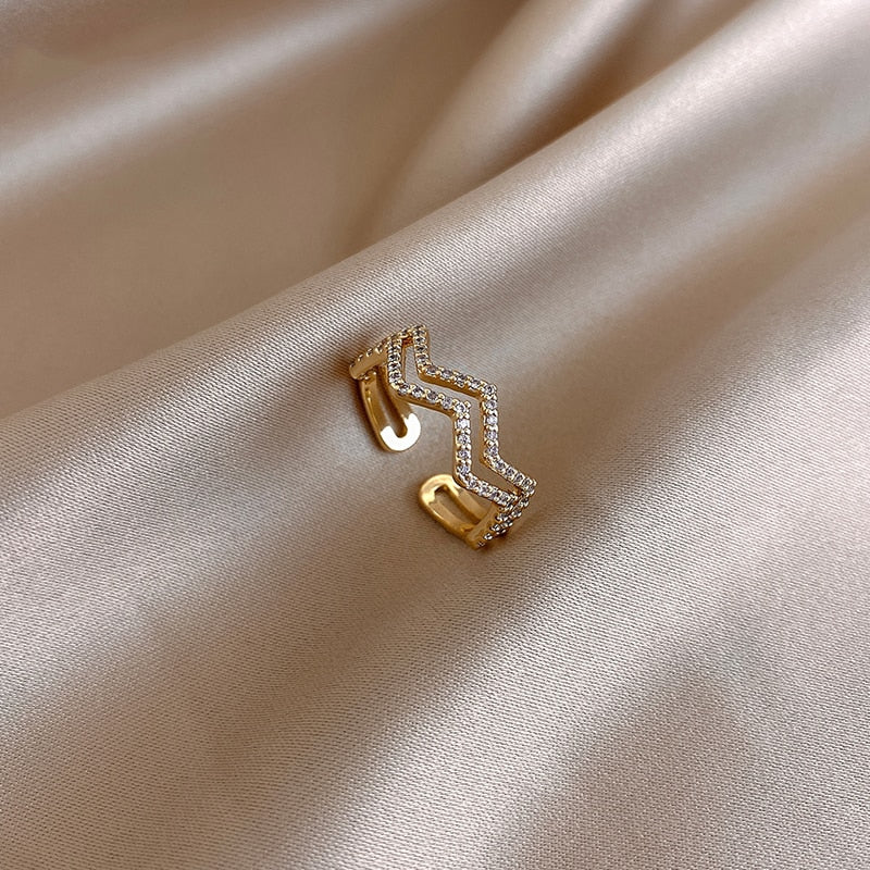 Peris Gems Yellow Gold / Resizable Double Ocean Wave Aesthetic Adjustable Diamond Ring SHEIN Amazon Temu