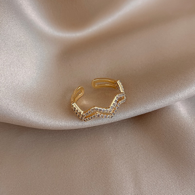 Peris Gems Yellow Gold / Resizable Double Ocean Wave Aesthetic Adjustable Diamond Ring SHEIN Amazon Temu