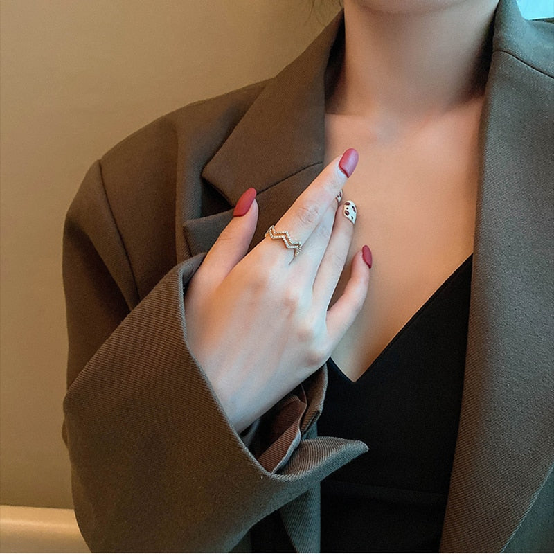 Peris Gems Yellow Gold / Resizable Double Ocean Wave Aesthetic Adjustable Diamond Ring SHEIN Amazon Temu