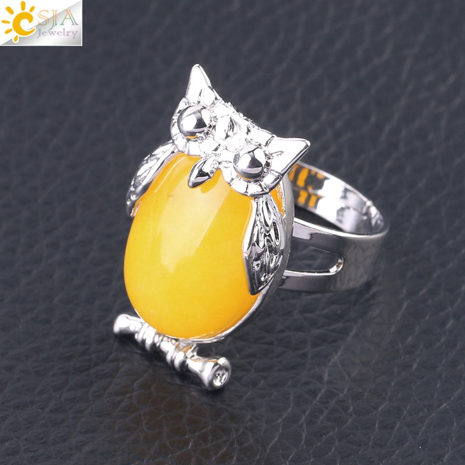 Peris Gems Yellow Jade Cabochon Bead Owl Rings | Silver Diamond Owl Rings Adjustable SHEIN Amazon Temu