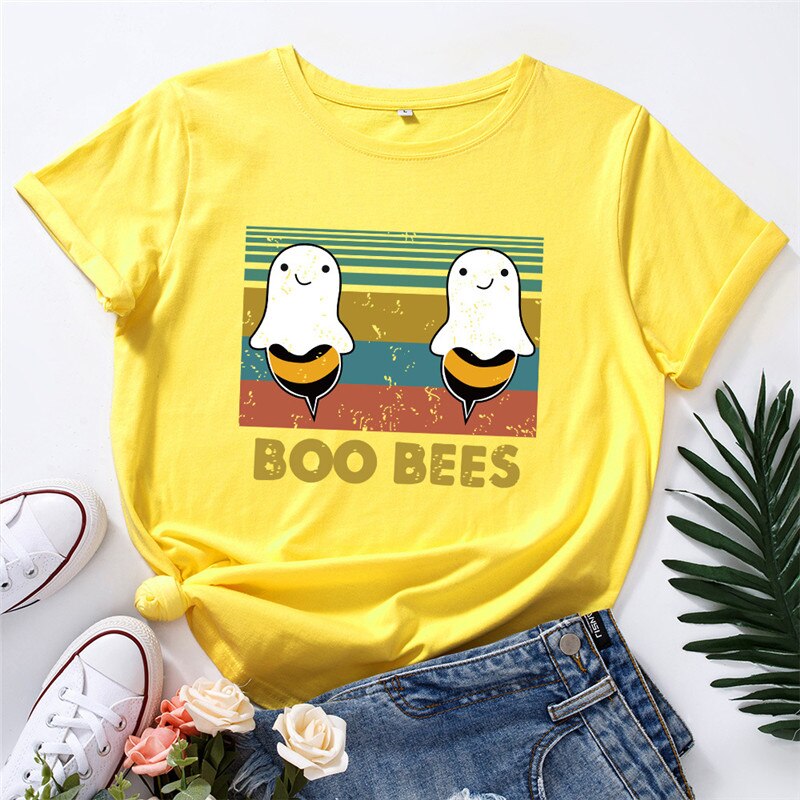 Peris Gems Yellow / S Graphic Print BOO BEES T-Shirt for Women | Halloween Bee Short Sleeve Shirt Graphic Print BOO BEES T-Shirt for Women Halloween Bee Shirt SHEIN Amazon Temu