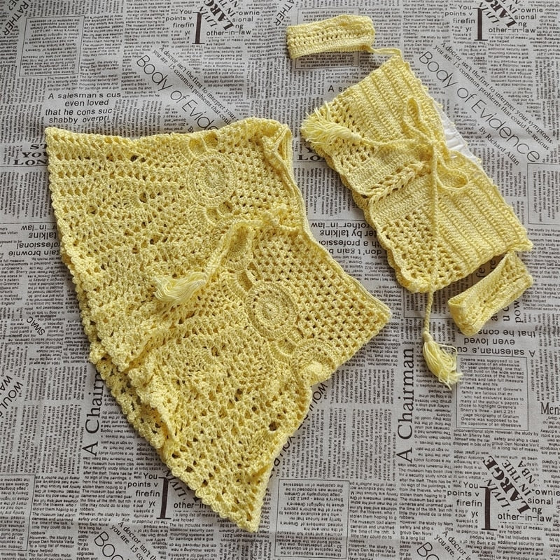 Peris Gems yellow / S Knitted Hollow Crop Top and Mini Skirt Sheer Set for Women | Women&