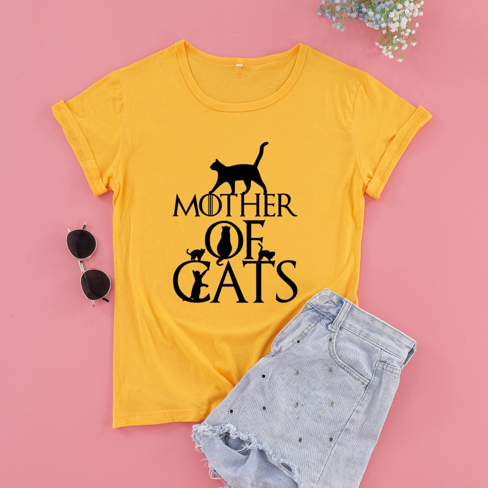 Peris Gems Yellow / S Mother of Cats T-Shirts for Women | Cotton Cat Mom O-Neck Tees Mother of Cats T-Shirts for Women Cotton Cat Mom O-Neck Tees SHEIN Amazon Temu