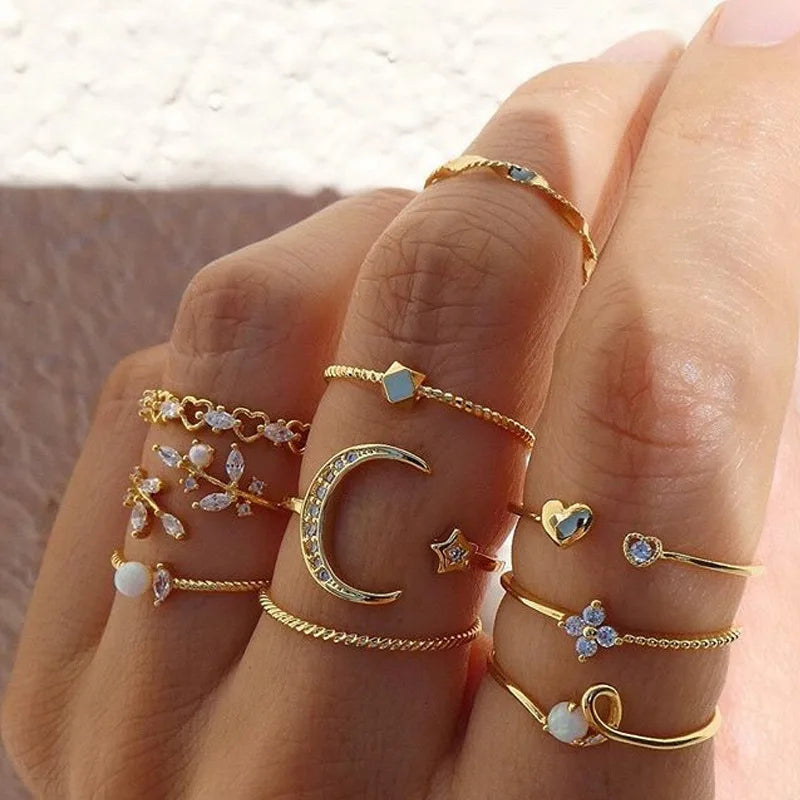 Peris Gems 10 Pcs/Set Sweet Crystal Leaf Flower Moon Star Opening Heart Rings for Women Fashion Geometric Gold Imitation Pearl Ring Jewelry SHEIN Amazon Temu