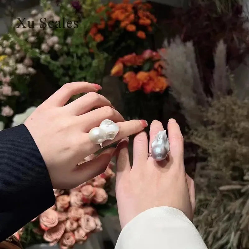 Peris Gems 100% Natural Large Baroque Shaped 25-35mm Freshwater Pearl Ring S925 Sterling Silver Vintage Simple and Atmosphere Adjustable SHEIN Amazon Temu