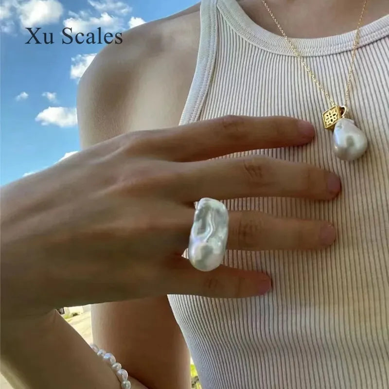 Peris Gems 100% Natural Large Baroque Shaped 25-35mm Freshwater Pearl Ring S925 Sterling Silver Vintage Simple and Atmosphere Adjustable SHEIN Amazon Temu