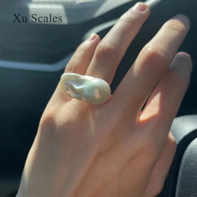 Peris Gems 100% Natural Large Baroque Shaped 25-35mm Freshwater Pearl Ring S925 Sterling Silver Vintage Simple and Atmosphere Adjustable SHEIN Amazon Temu