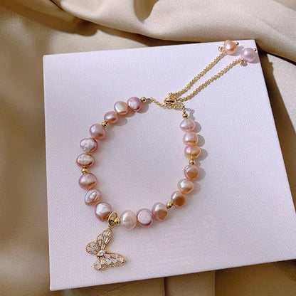 Peris Gems 100% Natural Pink Freshwater Pearl Trendy Butterfly 14K Gold Filled Ladies Charm Bracelet Jewelry For Women Gifts Cheap SHEIN Amazon Temu