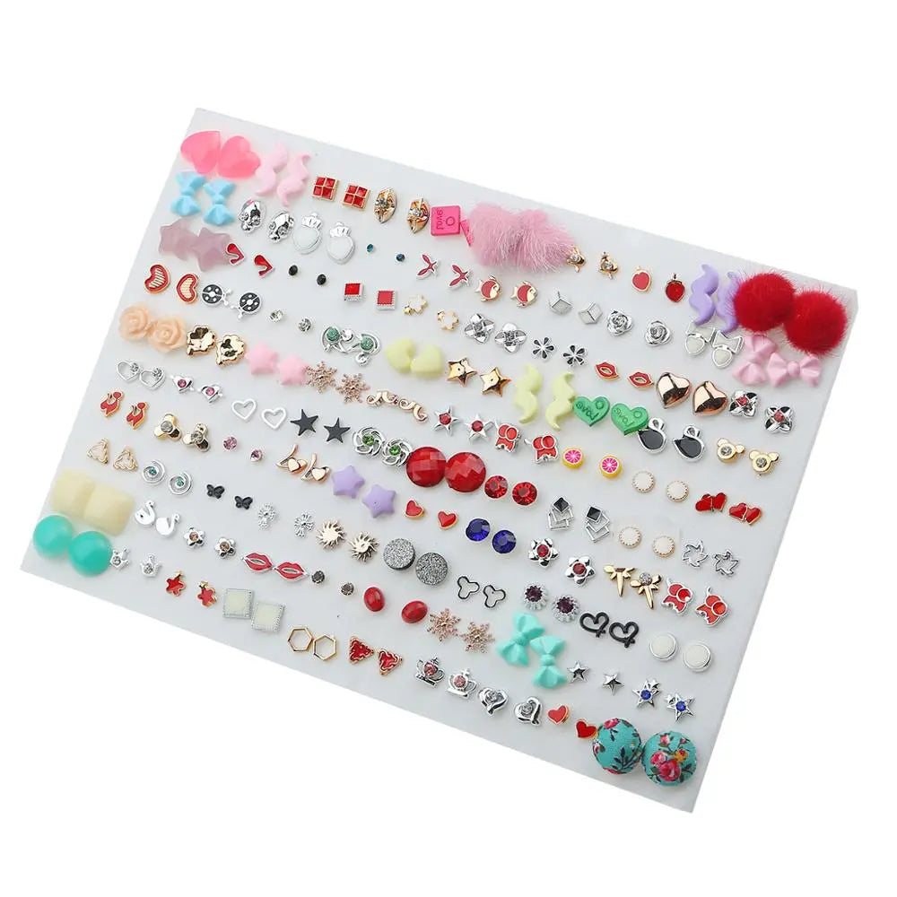 Peris Gems 100pair 1 100/36Pair Colorful Fruit Flower Heart Star Crystal Stud Earrings Set Women Girls Small Plastic Geometric Crown Earrings Jewelry SHEIN Amazon Temu