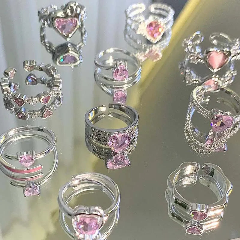 Peris Gems 2023 Kpop Pink Zircon Heart Open Ring for Women Girls Luxury Blue Opal Heart Couple Finger Rings Wedding Y2K Jewelry SHEIN Amazon Temu